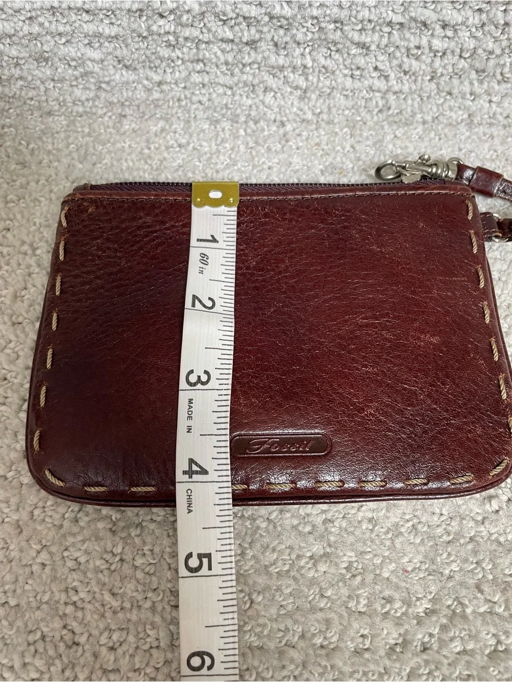Fossil Brown Leather Western Vibes Whipstitched Zip Up Strap Casual Wristlet